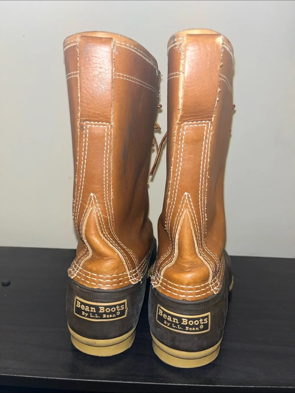 L.L. Bean Men's Brown Leather and Dark Brown Waterproof Duck Boots tall